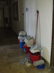 The buckets and mops are ready to go!