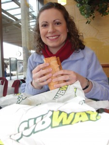 Katie as she is about to enjoy her sub sandwich