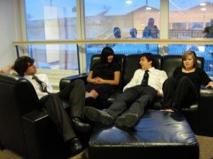 The orchestra kids relaxed before the concert at the school. No stressing out here!