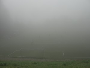 Foggy soccer field